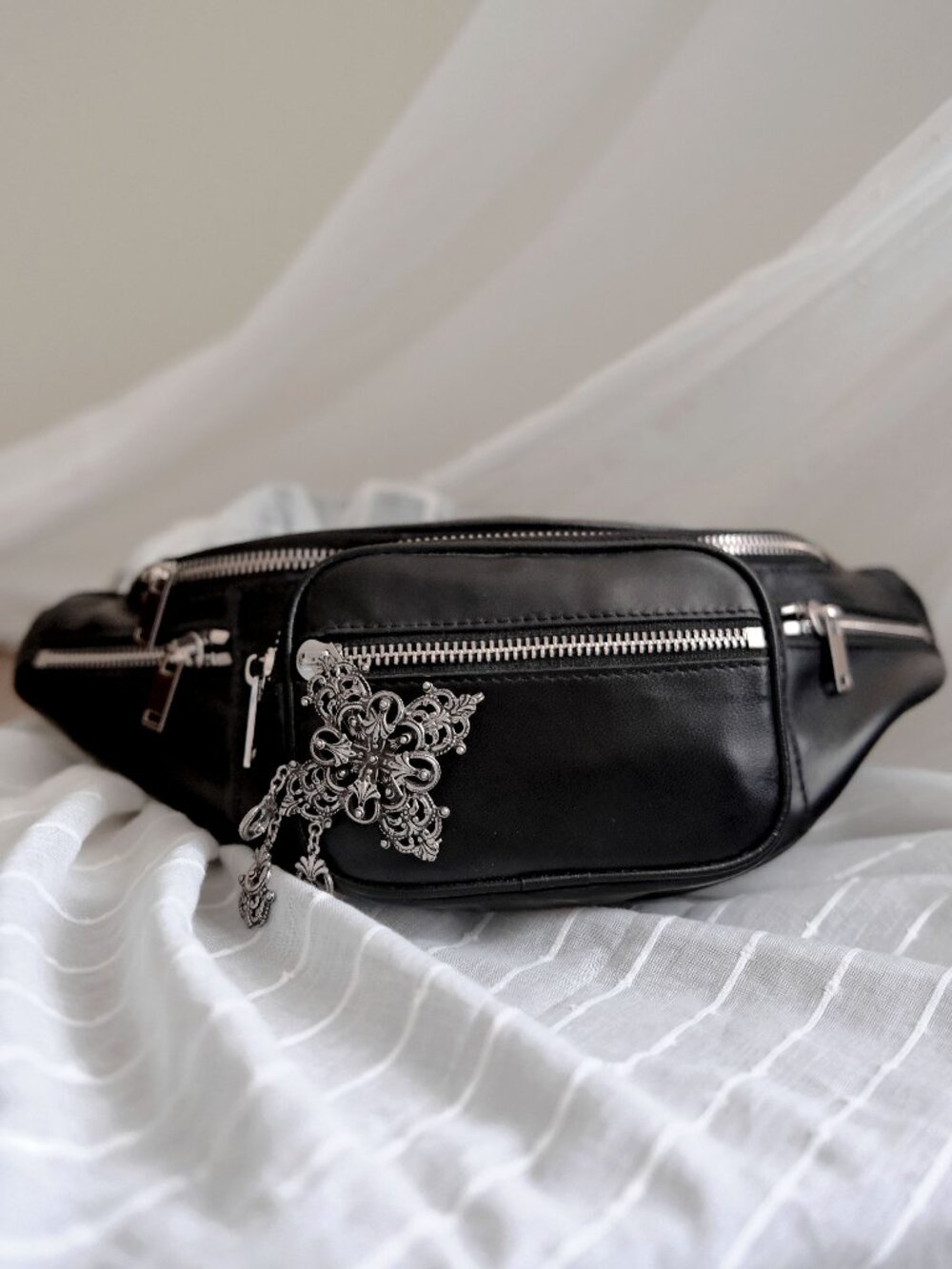 Leather Belt Bag with Silver Chain